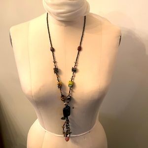 Unique beaded long necklace mainly shades of black